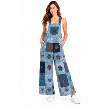 Cotton Wide Leg Palazzo Crazy  Artwork  Floral Jumpsuit Overall D1119