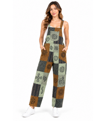 Cotton Patchwork Block Print Jumpsuit Overall D1136