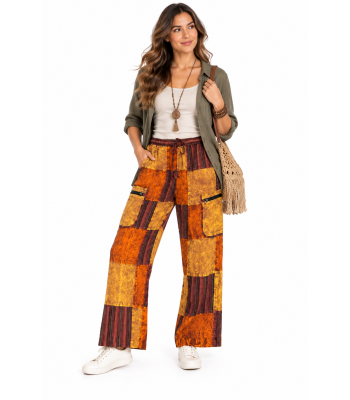 Cotton Multi Brown Patchwork Zip Pocket Yoga Pant D1217 