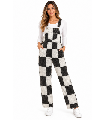  Black and White Checkerboard Vintage Overall Jumpsuit D1266 