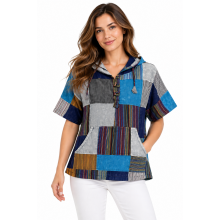 Cotton Multi Color Patchwork Hooded Pullover D1301