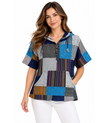 Cotton Multi Color Patchwork Hooded Pullover D1301