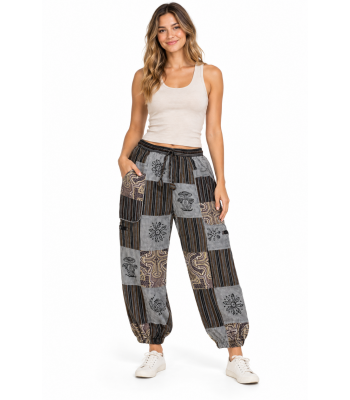 Cotton Coffee Multi Patchwork Block Print Lake Tribal Pant D1346