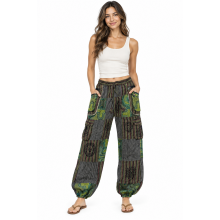 Cotton Grey Multi Patchwork Block Print Green Forest Tribal Pant D1347