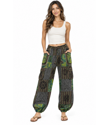 Cotton Grey Multi Patchwork Block Print Green Forest Tribal Pant D1347 