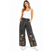 Cotton Black Rock Rose Flowers Embroidery Pant D1381
