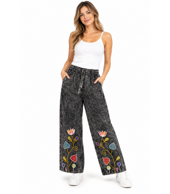 Cotton Black Rock Rose Flowers Embroidery Pant D1381