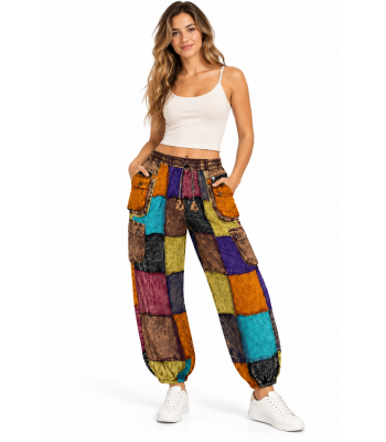 Cotton Multi Patchwork Bottom Closer Box Zip Pocket Cargo Pant D1393