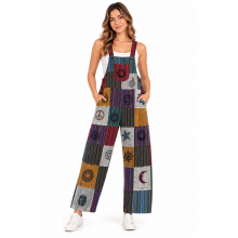 Cotton Multi Artwork Patch Embroidery Peace Jumpsuit Overall D1406
