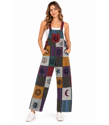 Cotton Multi Artwork Patch Embroidery Peace Jumpsuit Overall D1406