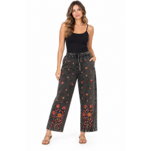 Cotton Black on Red Flower Embroidery Festive Pant D1424