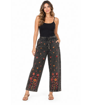 Cotton Black on Red Flower Embroidery Festive Pant D1424 