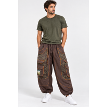 Cotton Boho Harem Baggy Silhouette Coffee Floral Embroidery Mushroom Pant D1426