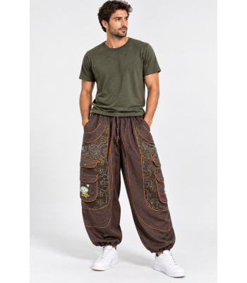 Cotton Boho Harem Baggy Silhouette Coffee Floral Embroidery Mushroom Pant D1426 