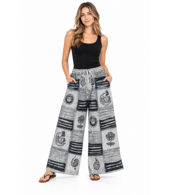 Cotton Grey Patchwork Razor Block Print Palazzo Pant D1461