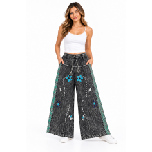 Cotton Artwork Flower Embroidery Wide Leg Pant D1476