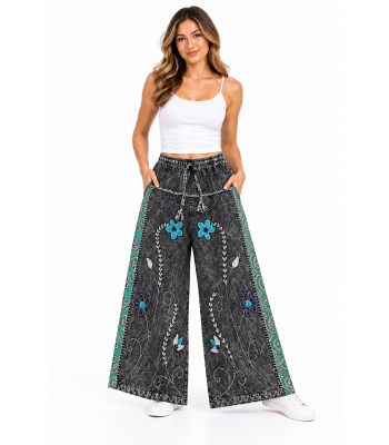 Cotton Artwork Flower Embroidery Wide Leg Pant D1476