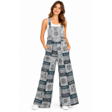 Cotton Grey Multi Razor Patchwork Block Print Festival Jumpsuit Overall D1484