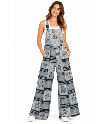 Cotton Grey Multi Razor Patchwork Block Print Festival Jumpsuit Overall D1484 