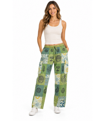 Cotton Multi Green Patchwork Block Print Arizona Pants  D1553 