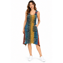 Cotton Three Button Adjustable Round Neck hand Brush Block  print High Low Dress (D164)
