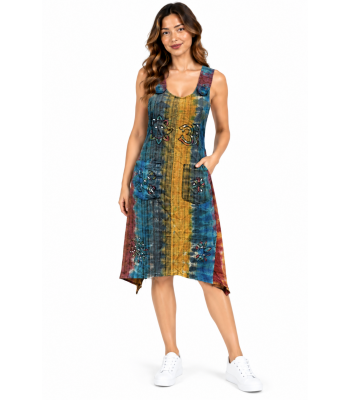 Cotton Three Button Adjustable Round Neck hand Brush Block  print High Low Dress (D164)