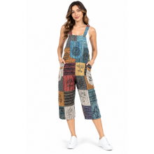 Cotton Patchwork Block Print 3/4 Capri Overall With Mushroom (D305)