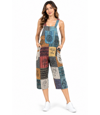 Cotton Patchwork Block Print 3/4 Capri Overall With Mushroom (D305)