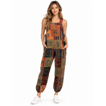 Cotton Patchwork  Block Print Hand Brush Bohemian Overalls Jumpsuit D335