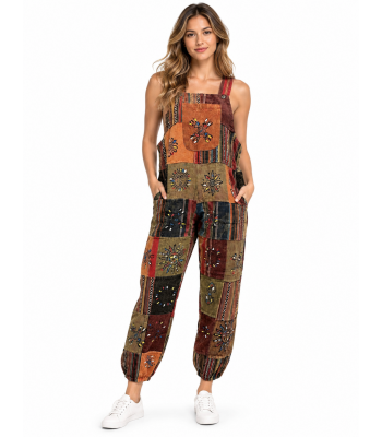 Cotton Patchwork Block Print Hand Brush Bohemian Overalls Jumpsuit D335