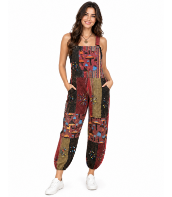 Cotton Patchwork Hand Brush Mushroom bohemian Overall Jumpsuit D340