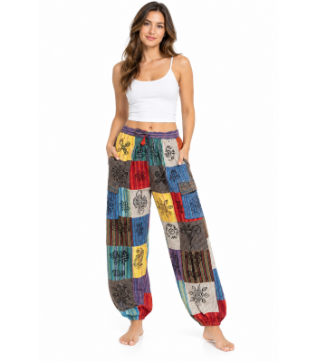 Cotton Multi Patch Block Print Cargo box pocket Drawstring Bottom Closer Yoga Pant (D407)