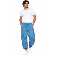 Cotton Box Pocket Drawstring Blue Stripe Yoga  Pant D439