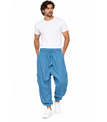 Cotton Box Pocket Drawstring Blue Stripe Yoga  Pant D439 