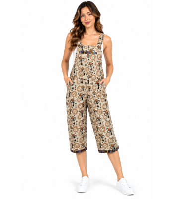 Cotton Sun Moon Mushroom 3/4 Overall Jumpsuit D473