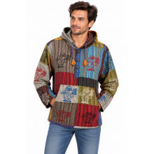 Cotton Multi Patchwork Mushroom with Butterfly  festival  Button up Hooded Pullover (D476)