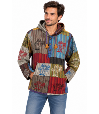 Cotton Multi Patchwork Mushroom with Butterfly  festival  Button up Hooded Pullover (D476)