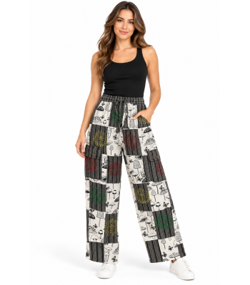 Cotton BW Mushroom Sun Moon Patchwork Pants D575