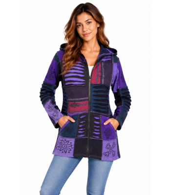 Cotton Patchwork Block Print Purple Jacket D699