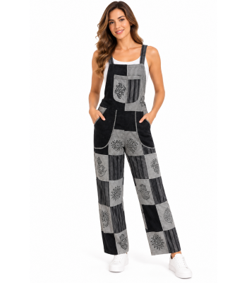 Cotton Black & Grey Block Print Patchwork Overall D702
