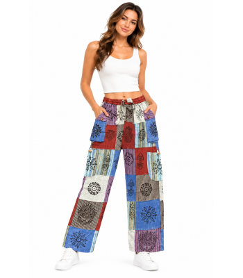 Cotton Multi Patchwork Block Print Sky Pant D715 