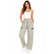 Cotton Boho Beige Cargo Pants with Zipper Pocket D776