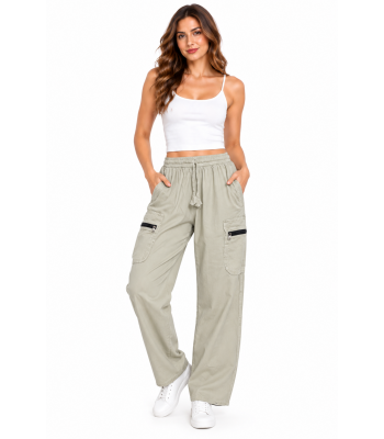 Cotton Boho Beige Cargo Pants with Zipper Pocket D776