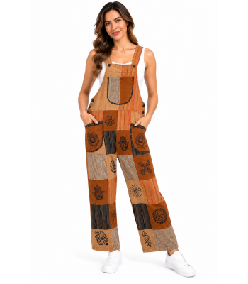 Cotton Brown Multi Block Print Overall Jumpsuit D871