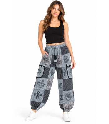 Cotton Multi Patch Zip Pocket Block Print Earth Tone Yoga Pant D898 