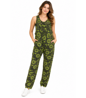 Cotton Multi Print Jungle Green Sun Moon Overall D919
