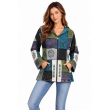Cotton Grey Multi Patchwork Hand Paint Zip Hooded Himalaya Jacket D987