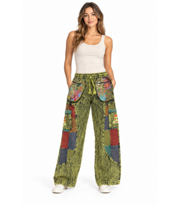 Cotton Multi Color Patchwork Zip and Box Pocket Jungle Mushroom Pant DT126 