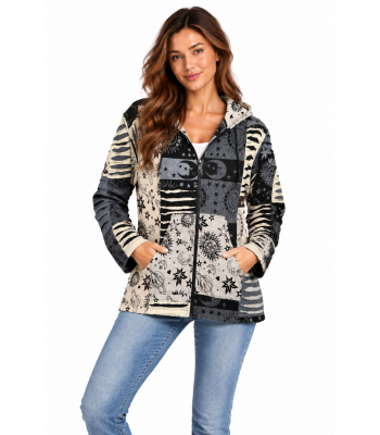 Cotton Black and White Razor Cut Patchwork Sun moon Zip Hooded Jacket DT161