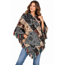 Cotton Multi Print Block Artwork Hooded Fringe Poncho DT25802